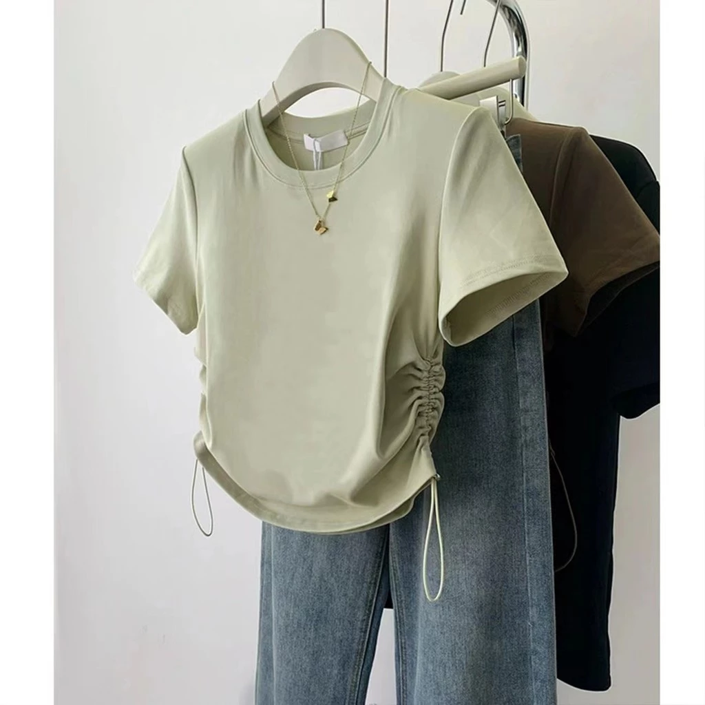 Áo thun ngắn tay cổ tròn 100% cotton thiết kế xếp ly dây rút, áo màu trơn dành cho nữ