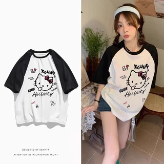 Hoạt Hình Kitty In Hình Raglan Cổ Tròn Áo Thun Nữ Mùa Hè Instagram Thời Trang Oversize Nửa Tay Áo