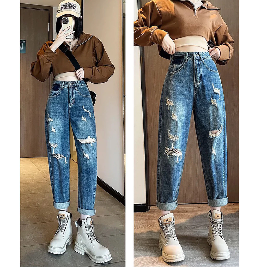 Quần Jean Baggy Nữ BigSize Lưng Cao Rách bụi, Phong Cách Hàn Quốc, Màu Xanh Đá Đậm Rách 3006 Denim