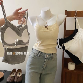 Lin Linzi の Hot Girl Pure Desire Ren Camisole Đáy Ngực Pad Phiên Bản Hàn Quốc Nơ Ngắn Thiết Kế Ôm Không Tay Top Nữ