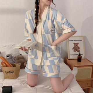 Bộ Đồ Ngủ Nữ Mùa Hè Cotton Tay Ngắn Dễ Thương Nữ Mùa Hè Mỏng Phong Cách Homewear 2024 Phong Cách Mới Cổ Chữ V Cardigan