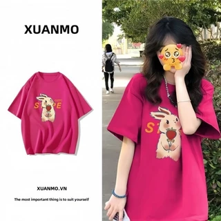 XUANMO Local brand áo thun phông form rộng 100% cotton BIG SIZE Áo thun phông nữ mùa hè phong cách mới kiểu Mỹ cổ tròn in hình dáng rộng