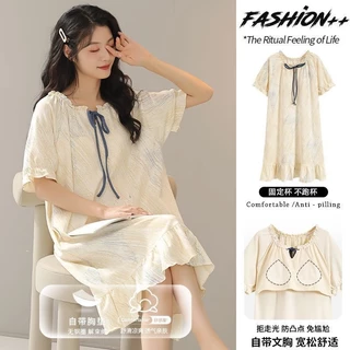 [Có Miếng Lót Ngực] Váy Ngủ Cotton Nữ Mùa Hè Chống Trầy Xước Cotton Bộ Đồ Ngủ Kích Thước Lớn Nữ Xuân Thu Mặc Ngoài Trời Đồ Ngủ terno