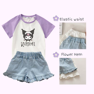 Bộ Đồ Bé Gái Hoạt Hình Dễ Thương Kuromi In Hình Cotton Tương Phản Vai Tay Áo Phông Demin Giải Trí Quần Short 2 Chiếc Quần Áo Trẻ Em