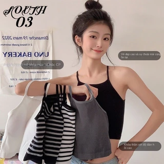 Gia Vị Mới Bé Gái Dây Mỏng Nữ Tank Top Có Miếng Lót Áo Ngực Bên Trong Mặt Sau Vẻ Đẹp Của Lưng Bên Ngoài Phần Ngắn Của Áo Sơ Mi Sọc Đáy