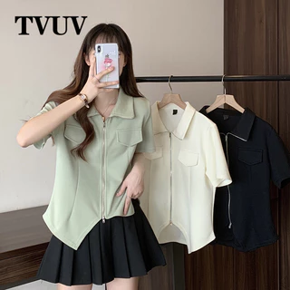 Tvuv Plus Size Thiết kế tay ngắn có cổ lật và áo thun có khóa kéo 14081