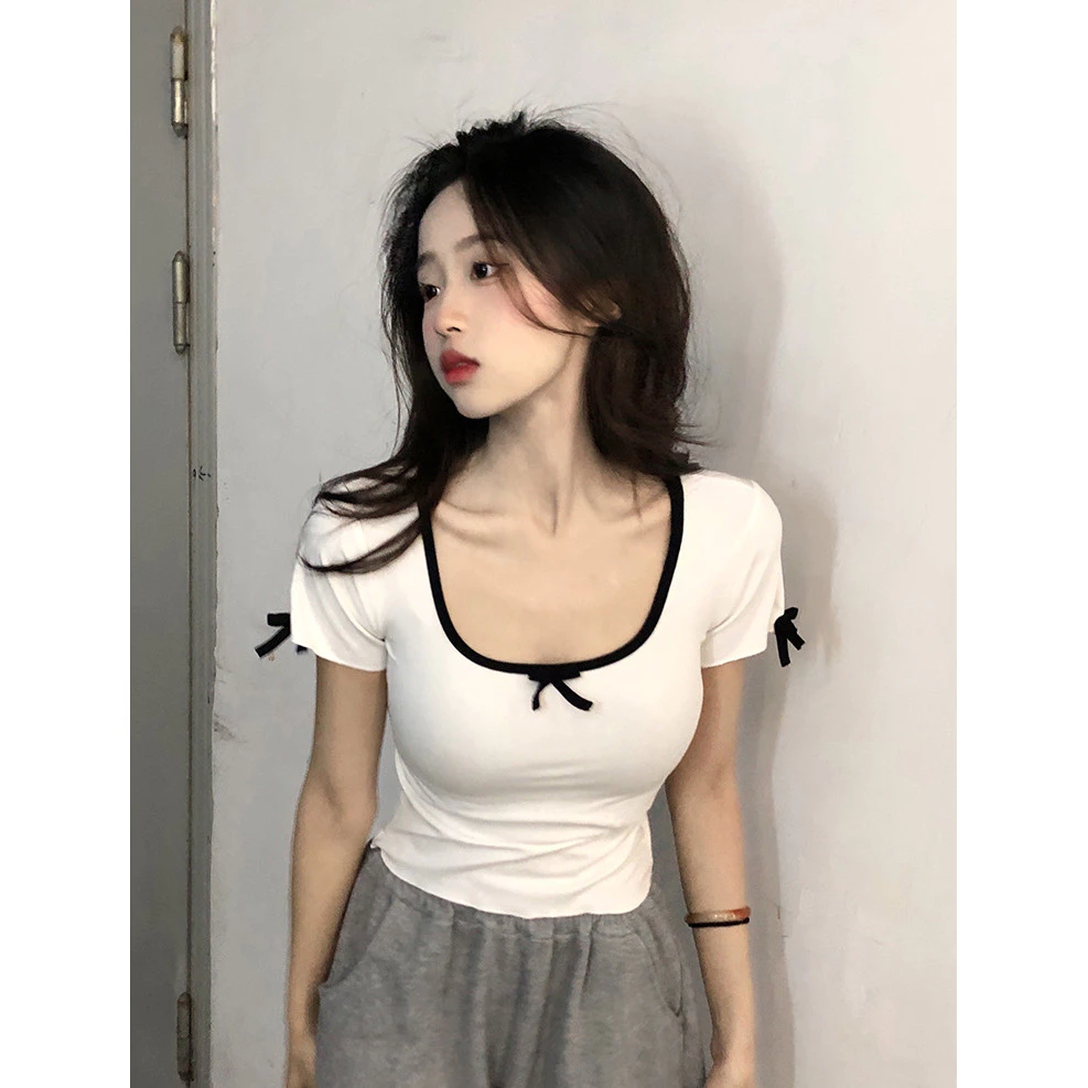 Mùa Hè Phong Cách Mới Đơn Giản Thời Trang Hot Girl Slim-fit Ngắn Nơ Trắng Áo Thun Tay Ngắn Top Nữ