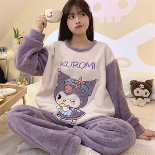 Bộ Đồ Ngủ Bằng Cotton Flannel Mềm Mại Dày Dặn Cổ Tròn Dáng Rộng Thời Trang Mùa Đông Cho Nữ