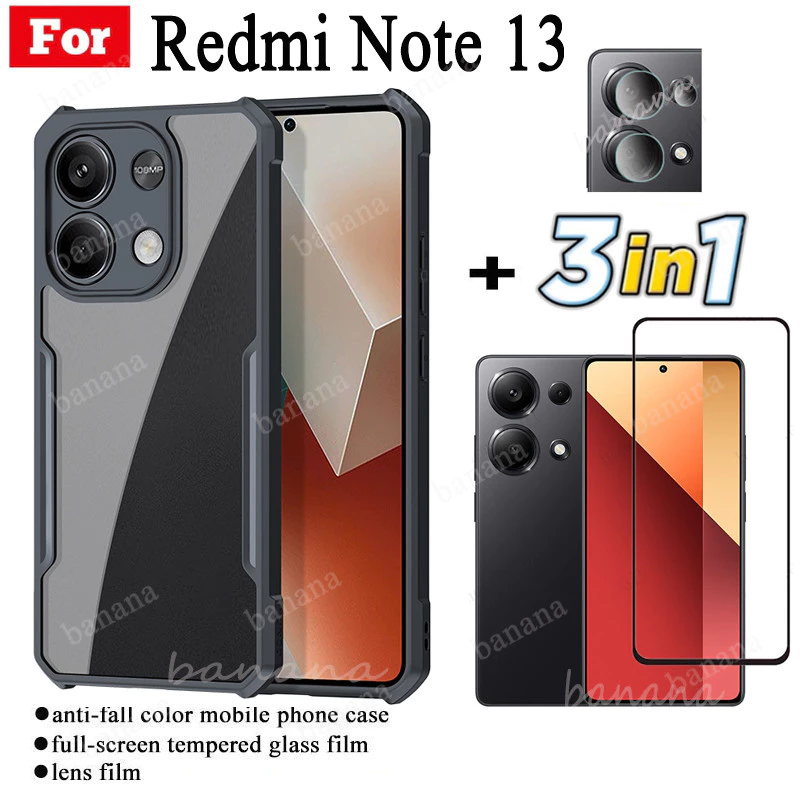 Ốp điện thoại di động chống rơi 3 TRONG 1 Redmi Note 13 Pro Note 12 4G 5G 13C 12C 10C Phim kính cường lực + Phim ống kính