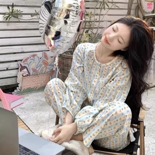iMaodou Phiên Bản Hàn Quốc Gấu Dễ Thương Cổ Tròn Bộ Đồ Ngủ Nữ Xuân Thu Phong Cách Mới ins Influencer Ngọt Ngào Sinh Viên Dài Tay Homewear Phù Hợp Với