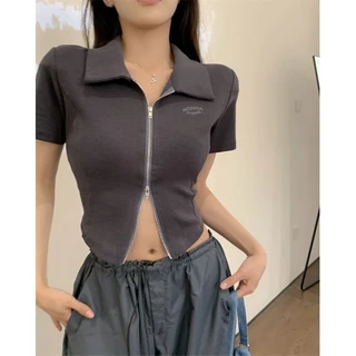 Slim-fit Collar Niche Phiên bản Hàn Quốc Hàng có sẵn Dây kéo đôi PPMR7213 PPMR7213 [Áo thun Top nữ polo phong cách ngắn mùa hè] Design Sense 3XKD