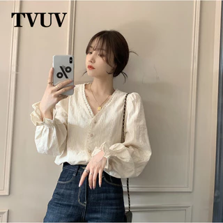 Tvuv Plus Size Áo sơ mi dài tay màu trơn đa năng 8384