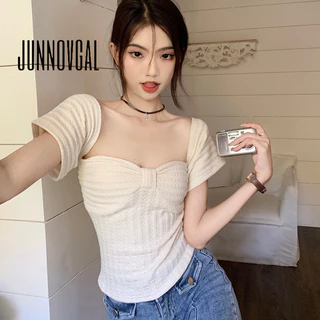 Áo thun nữ JUNNOVGAL 2024 Đan cổ vuông cắt thấp Phong cách mới tay ngắn Slim Fit Tất cả các trận đấu màu trơn