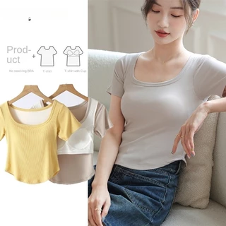 Áo thun nữ 2 in1 có đệm ngực một mảnh cổ vuông tay ngắn Hàn Quốc Crop Top