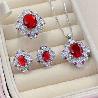 Châu Âu Mỹ ins Phong Cách Mới Đồng Kẻ Sọc Ruby Full Kim Cương Bộ Bốn Mảnh Nữ