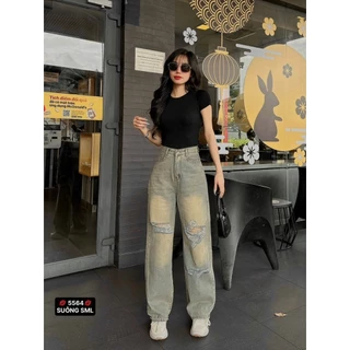 Quần jeans nữ ống rộng NamStore eo cạp cao phối rách lua tua cá tính M5564