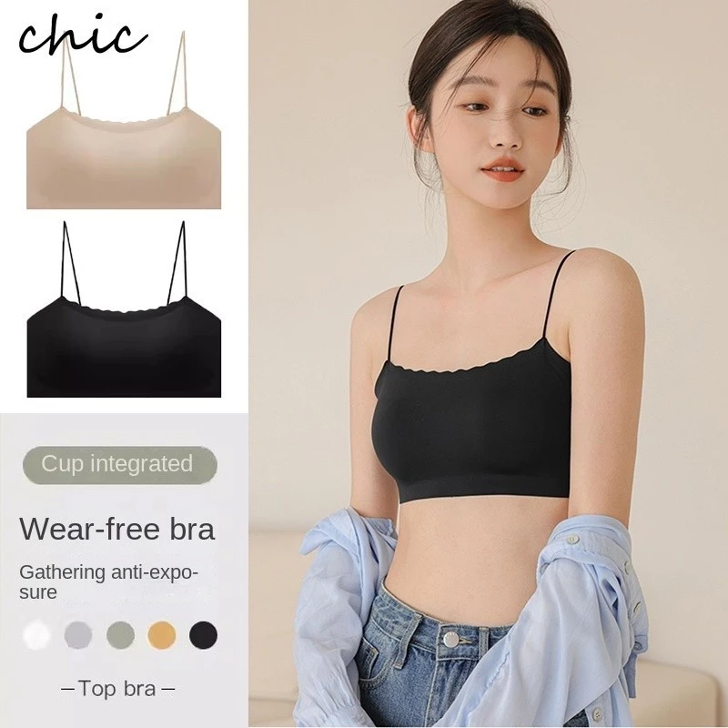 Mùa Hè Băng Lụa Sling Camisole Có Áo Ngực Đệm Nữ Singlet Top Liền Mạch Suspender