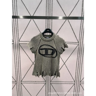 DIESEL 23Summer New Special-Interest Design Fashion Brand Damage Full Score Knitted Short Sleeve Waist-Controlled Slimming Top