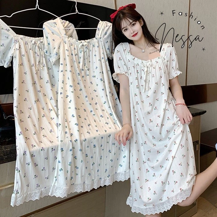 Váy Ngủ Nữ Cộc Tay Mùa Hè Đồ Mặc Ở Nhà Pijama Vải Cotton Cổ Tròn Dài Qua Gối 4 Chiều Xuân Thu Đi Chơi Biển VN01