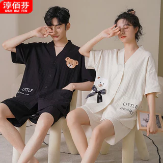 Bộ đồ ngủ cặp đôi dễ thương Chun Baifen, quần short ngắn tay mùa hè, áo len, bộ đồ thường ngày, đồ khách, có thể mặc bên ngoài