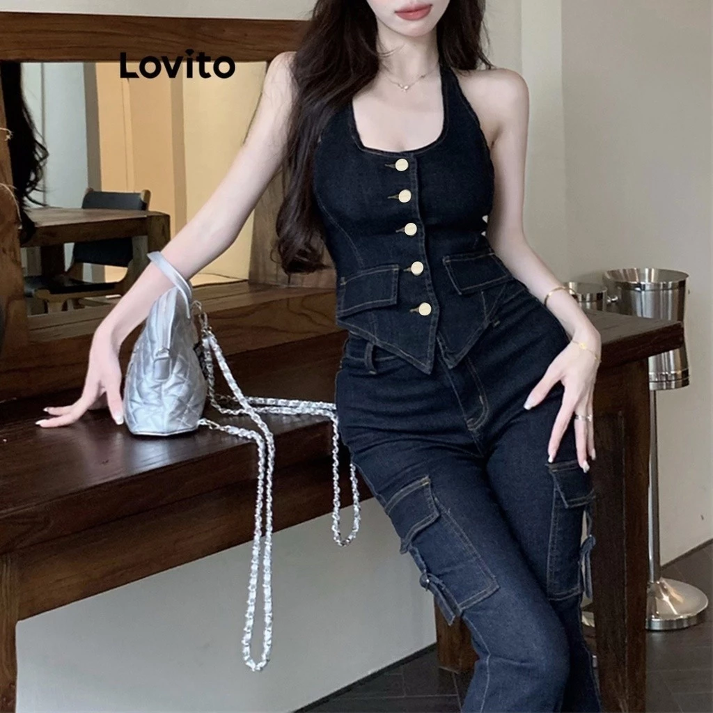 Áo denim Lovito cài nút màu trơn thường ngày cho nữ LNA21159 (màu xanh dương đậm)