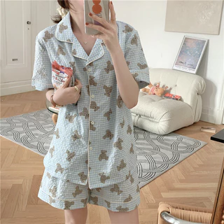 BN86_ Bộ ngủ , pijama nữ ngắn tay quần short hoạ tiết gấu công chúa | Hàng quảng châu cao cấp