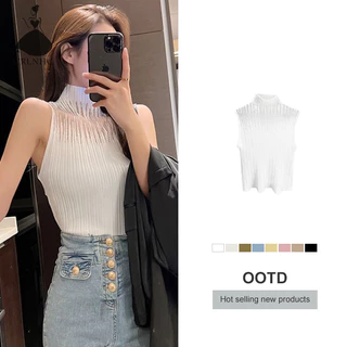 Crlnhc Mùa Hè Hàn Quốc Nửa Cổ Rùa Rỗng Dệt Kim Áo Vest Nữ Màu Trơn Không Tay Slim Top vn