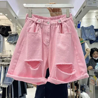 Plus Size 1.0-150kg Quần Short Denim Rách Nữ Mùa Hè Rời Rộng Cổ Điển Màu Hồng Thường Ngày Năm Điểm Quần