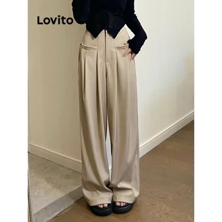 Quần dài Lovito có dây rút phối túi màu trơn có khóa kéo phía trước phong cách thường ngày dành cho nữ LNE46310