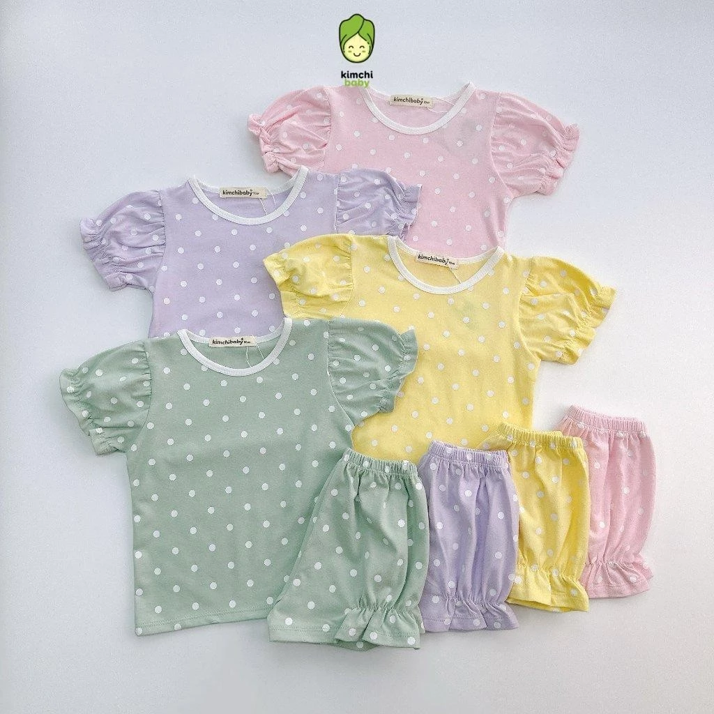 Đồ Bộ Cộc Tay Cho Bé Gái KIMCHIBABY Vải Cotton 4C Hoạ Tiết Chấm Bi Bèo Nhún, Bộ Quần Áo Cho Bé Mặc Nhà K407