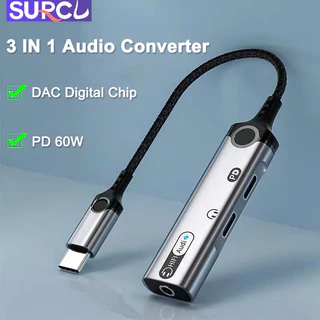 Suprcl USB C sang cổng tai nghe USB C PD 60W + USB C và cổng âm thanh HiFi 3,5mm Bộ chuyển đổi OTG, Bộ chuyển đổi âm thanh 3 trong 1 cho iPhone 15 Pro Max / Laptop / HUAWEI Mate 60 50 40 30 Android