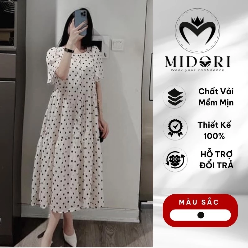 Đầm Bầu thiết kế Công Sở Mùa Hè Chất Voan Tơ Họa Tiết Chấm Bi dáng dài đi dự tiệc công sở