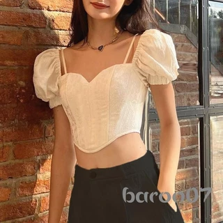 Áo Croptop Tay Phồng Ngắn Cổ Buộc Dây Thời Trang Cho Nữ