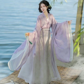 0212 Wei Jin Phong Cách Hanfu Nữ In Hình Cổ Chữ Thập Tay Rộng Tám Chiếc Váy Phong Cách Cổ Tích Hàng Ngày Phù Hợp Với Dân Tộc Trung Quốc Trang Phục Truyền Thống