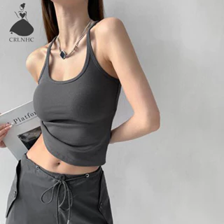 Crlnhc Nữ Spaghetti Dây Đeo Camisole Mùa Hè Mỹ Retro Màu Trơn Không Tay Slim Top vn