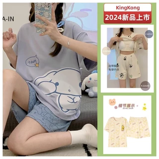 Bộ Đồ Ngủ Nữ Cotton Mùa Hè Đệm Bộ Đồ Ngủ Nữ Mỏng Hoạt Hình Dễ Thương Tay Ngắn Đồ Ngủ Người Phụ Nữ Loungewear M-2XL