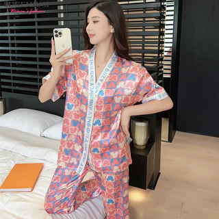 Sugemiusi Nữ Mùa Hè Băng Lụa Cardigan Mỏng Bộ Đồ Ngủ Ngắn Tay Cardigan Quần Hoạt Hình Bộ Đồ Ngủ Mát