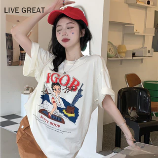 Live GREAT Betty Hoạt Hình In Hình Áo Thun Nữ Mùa Hè 2024 Mùa Hè Mới Phong Cách Hàn Quốc Rời Cổ Tròn Cổ Tròn