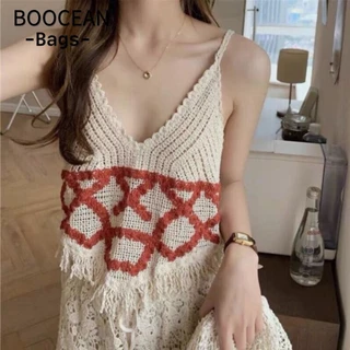 Áo dệt kim, Áo hai dây tua rua Cotton rỗng, Áo Vest nhỏ tua rua không tay cổ điển