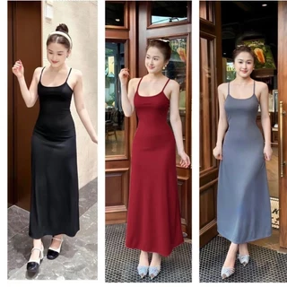 đầm 2 dây thun gân dáng dài xòe hở lưng 1 dây đứng cực hot , chất thun gân mềm mát có mút