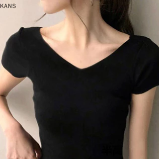 Áo thun ngắn tay cổ chữ V sang trọng màu trơn mùa hè Kans Áo Crop Top nữ vn