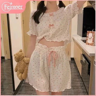 Feimoer Bộ Đồ Ngủ Nữ Mùa Hè Phong Cách Hàn Quốc Quần Short Ngắn Hoa Nhỏ Hai Mảnh Bộ Nơ Mặc Nhà