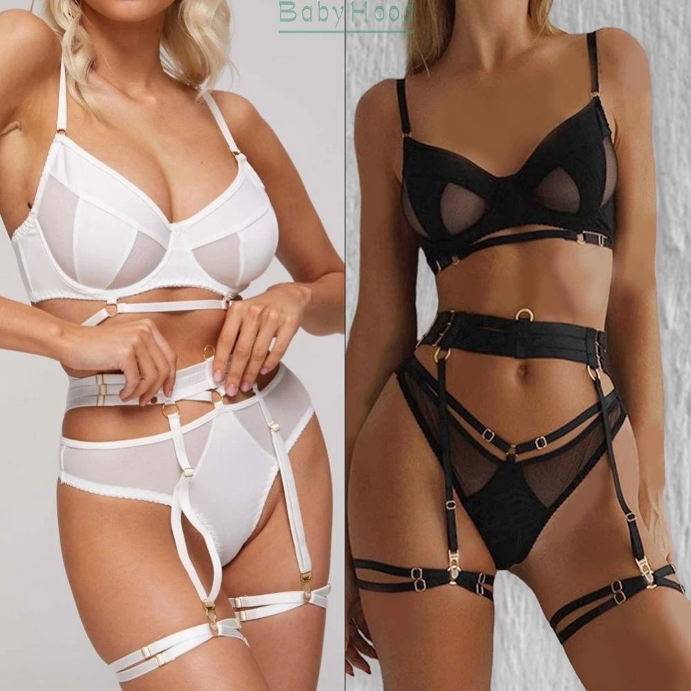 【Big Discounts】3-Piece Bra Set Women See Through Lingerie Garter Belt Thong Bra Set Nightwear#BBHOOD