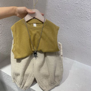 Thích hợp cho áo vest cotton mát mẻ và quần đơn sắc 5-28kg cho bé. Bộ đồ không tay và quần áo bé trai