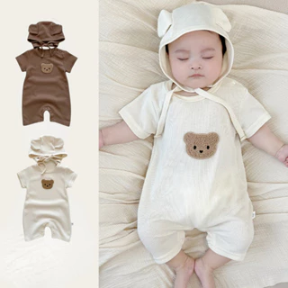 Bé Trai Bé Gái Tay Ngắn Body + Mũ Mùa Hè Mới 0-24 Tháng Cho Bé Mỏng Thoáng Khí Gấu Nhỏ Waffle Romper + Mũ Phong Cách Hàn Quốc