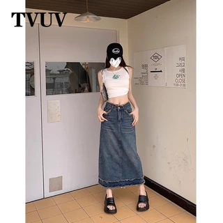 Tvuv Plus Size Cao Cấp Xù Cạnh Giảm Béo Chữ A Denim Quấn Hông Váy 66291