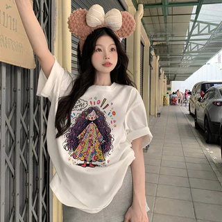 HIIXIIVI 100% Cotton Tay Ngắn Oversize Unisex Áo Thun Plus Size Người Phụ Nữ Tee Baggy Hoạt Hình Áo