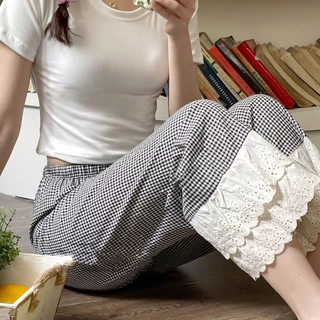 Jiashuchen Mùa Hè Pyjama Quần Ngọt Kẻ Sọc Bánh Ren Nhà Thường Ngày Rời Nhà Quần