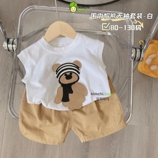 Đồ Bộ Cộc Tay Cho Bé Trai KIMCHIBABY Vải Cotton In Gấu Dễ Thương, Bộ Ba Lỗ Cho Bé Mặc Đi Chơi, Đi Học CK408