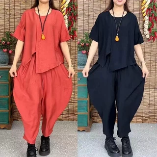 Tik Tok Mùa Hè Phong Cách Mới Thời Trang Vải Lanh Cotton Phù Hợp Với Nữ Rời Áo Thun Tay Ngắn Chia Top Harem Quần Hai Mảnh Phù Hợp Với